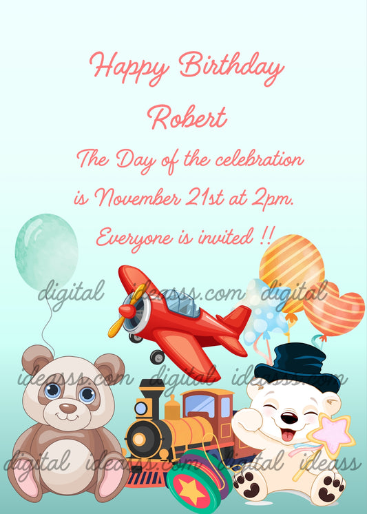 Cute panda bear, red toy airplane, colorful toy train, white polar bear with black top hat holding a star wand, green balloon on the left and orange striped balloons on the right, on a soft mint green gradient background — birthday card for children aged 1 to 8