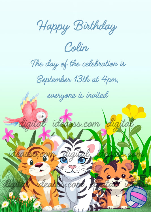 Three cute kawaii tiger cubs sitting in a garden: an orange tiger cub on the left, a white tiger with blue eyes in the center, and a smiling orange tiger cub on the right with a volleyball ball, with a colorful pink parrot flying on the upper left, surrounded by pink and yellow flowers and green grass, on a soft pastel blue and green background — birthday card for children aged 1 to 9