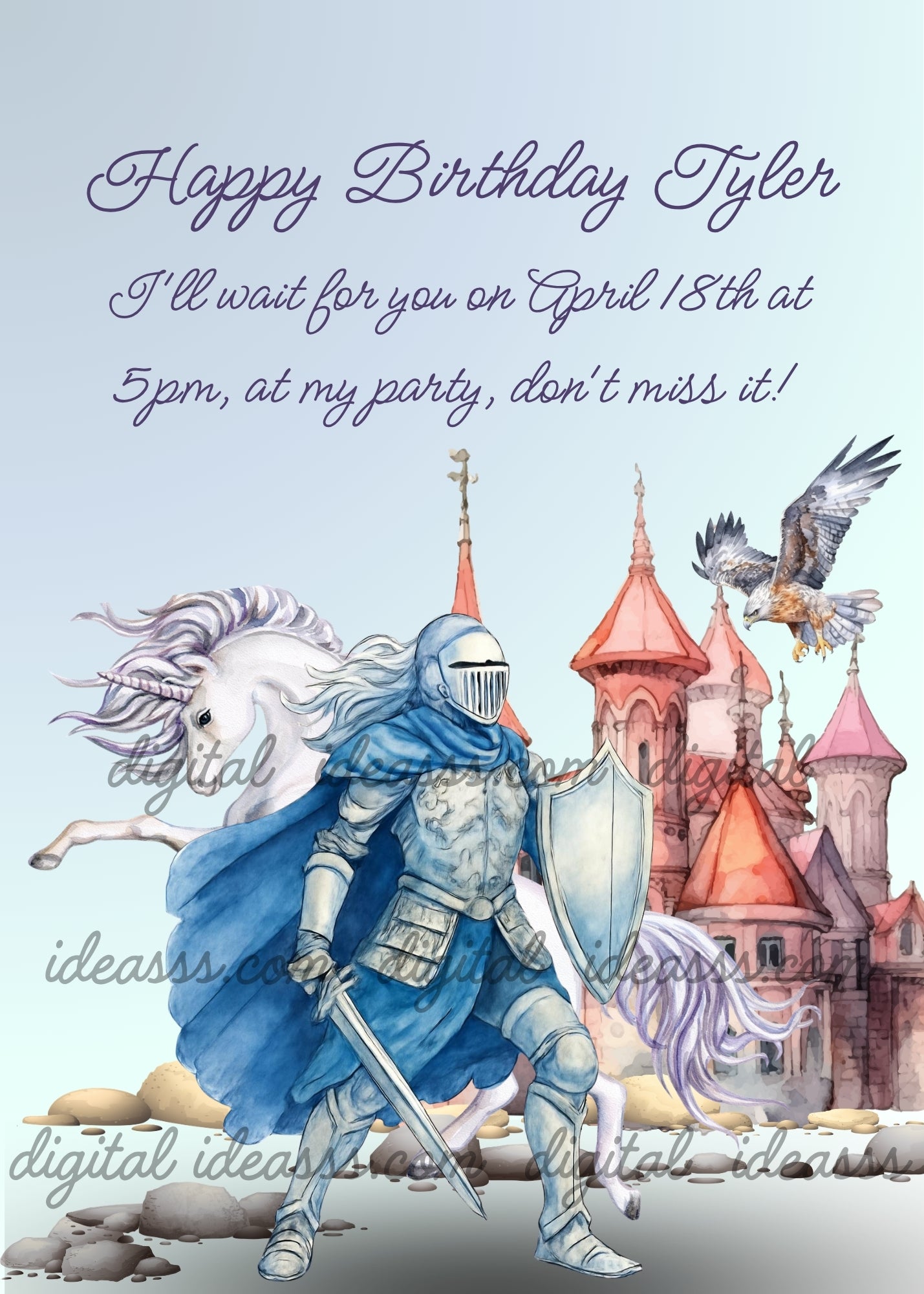 Watercolor blue knight in silver armor with flowing blue cape holding sword and shield, white unicorn rearing on hind legs on the left, majestic falcon soaring above a pink watercolor castle with towers on the right, rocky ground on a soft blue-gray background — birthday card for boys aged 8 to 14
