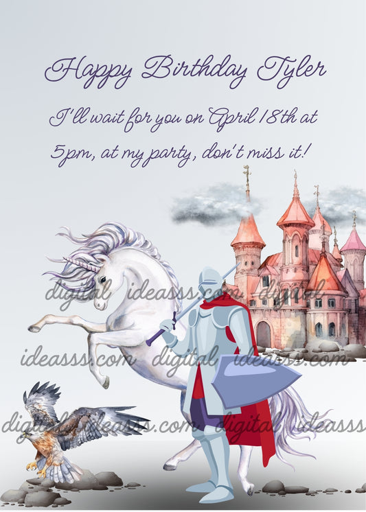 Knight with red cape and shield, white unicorn rearing up, pink castle with clouds, eagle on rocks on a light grey background — birthday card for boys aged 8 to 14