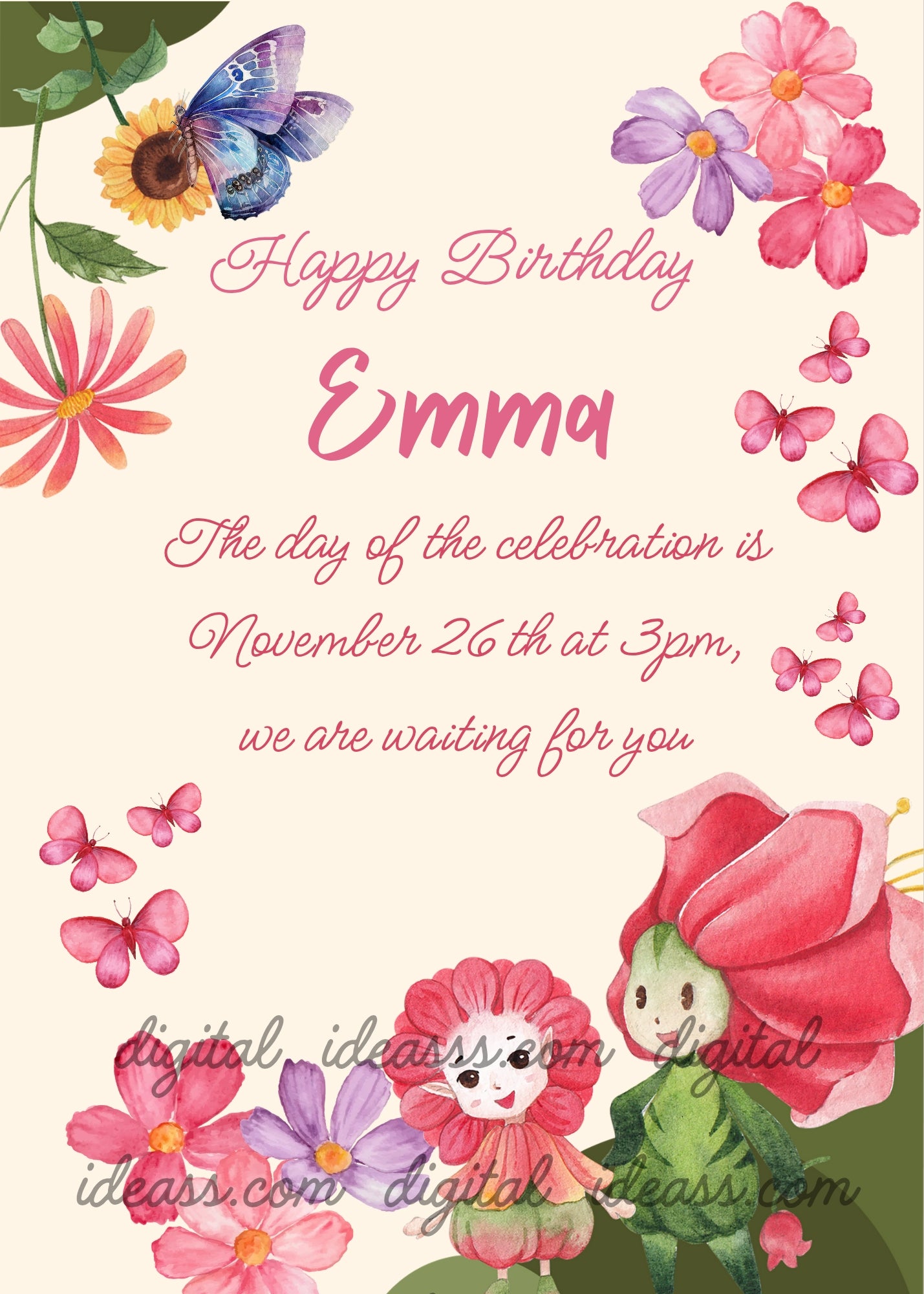 Two cute flower fairies among wild pink roses, daisies, colorful butterflies and a sunflower on a soft cream background — birthday card for girls aged 6 to 12
