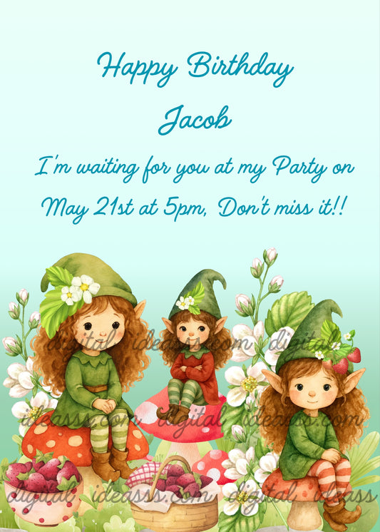  Three cute kawaii elf girls with green hats and curly red hair sitting on red mushrooms with white flowers and wild strawberries on a soft mint blue background — birthday card for children aged 7 to 12