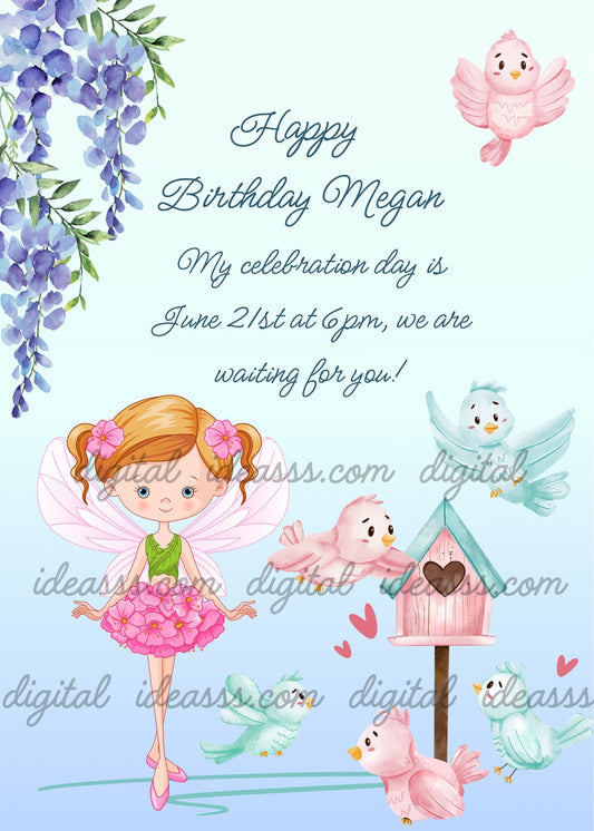 A cute red haired fairy with pink flowers in her hair wearing a green top and pink flower skirt with transparent wings next to a pink and teal birdhouse with kawaii pink and teal birds flying around and purple wisteria flowers on a soft blue gradient background — printable birthday card for girls ages 8 to 14