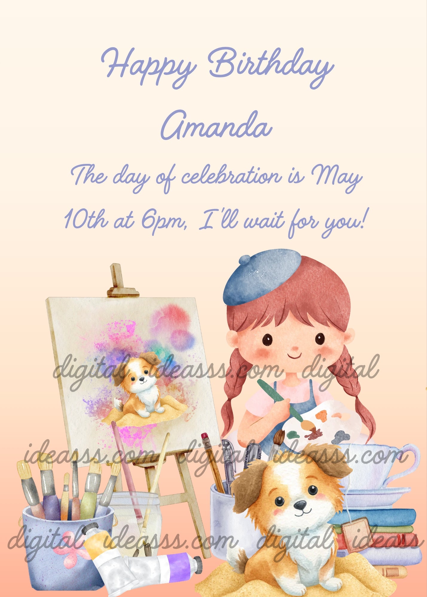  Sweet girl with blue beret and braids painting a portrait of her Cavalier King puppy on an easel, surrounded by brushes, paints and books on a soft peach gradient background — birthday card for girls aged  5 to 12