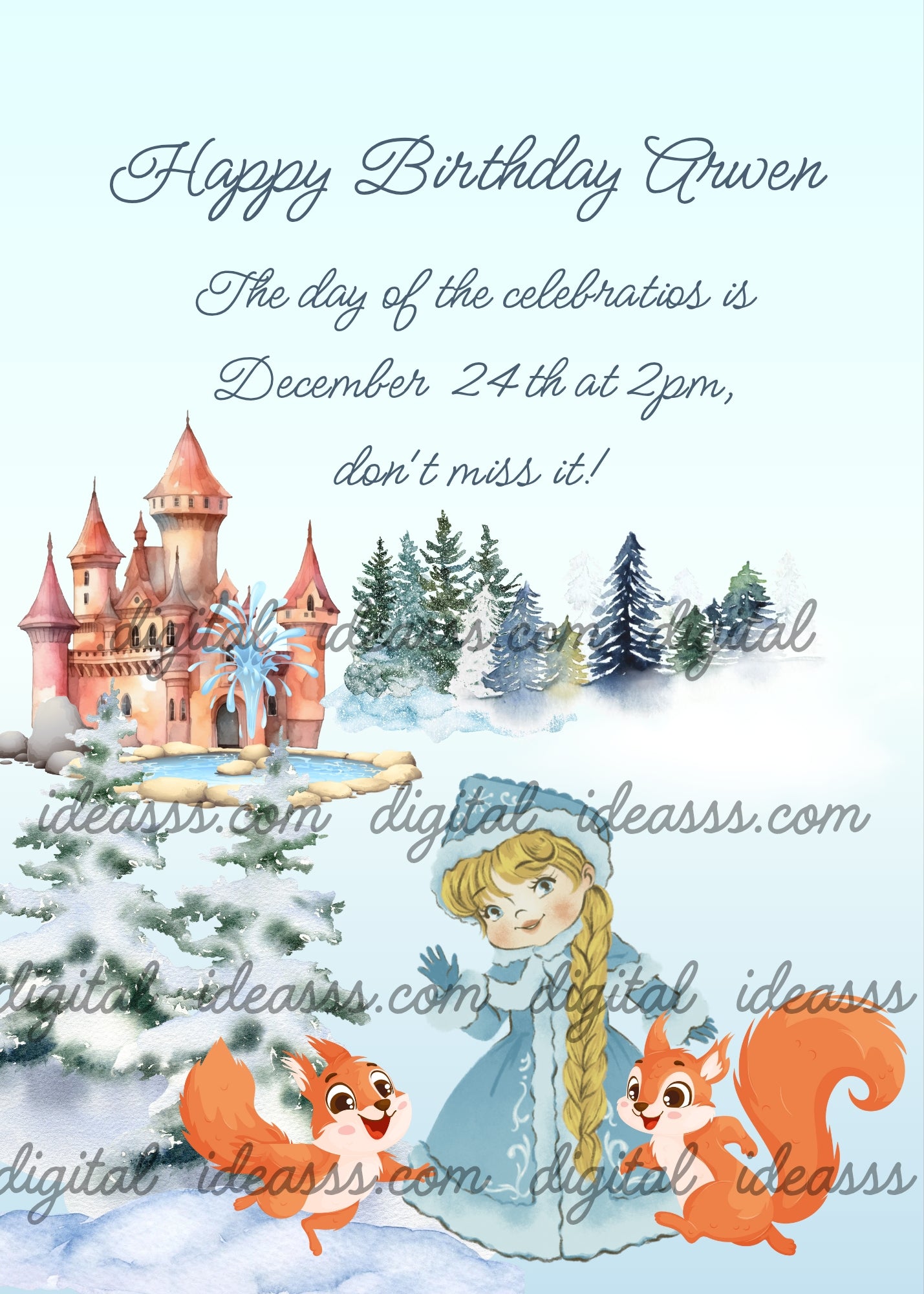 A cute blonde girl in a blue winter coat with two orange squirrels beside a snowy Christmas tree near a pink castle surrounded by snow-covered pine trees on a soft light blue background — printable Christmas card for girls ages 6 to 14