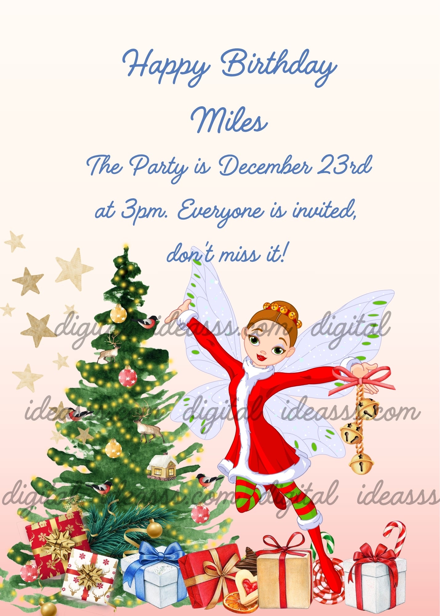 An elegant fairy with brown hair in a red Christmas outfit with white trim and red and green striped stockings with large white transparent wings dancing and holding golden jingle bells with a pink bow next to a decorated Christmas tree with golden lights and colorful gift boxes on a soft pink cream gradient background — printable Christmas birthday card for children ages 5 to 12