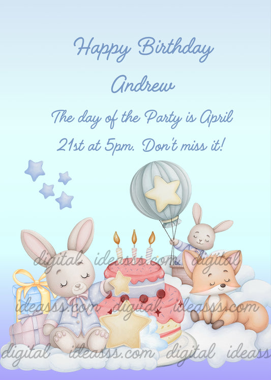 A fox and two bunnies in the clouds, with cake,  to celebrate a birthday. Printable birthday card for kids 1-7. 