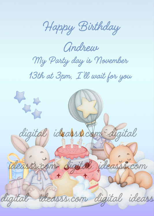 A fox and two bunnies in the clouds, with cake,  to celebrate a birthday. Printable birthday card for kids 1-7. Birthday in clouds