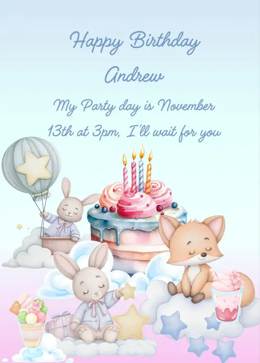 A fox and two bunnies in the clouds, with cake and cocktals to celebrate a birthday. Printable birthday card for kids 1-9.