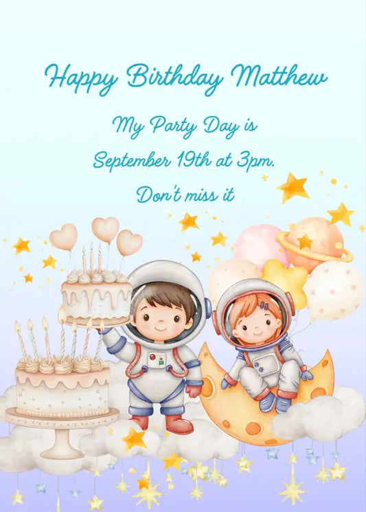 Two cute children dressed as astronauts, between the moon and clouds, with cakes and balloons to celebrate. Printable birthday card for kids 5-12.