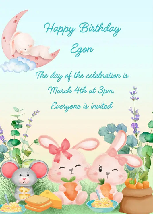 A meadow with cute bunnies and a little mouse, to celebrate a birthday. In the sky the moon with a sleeping bunny. Printable birthday card for kids 1-9.