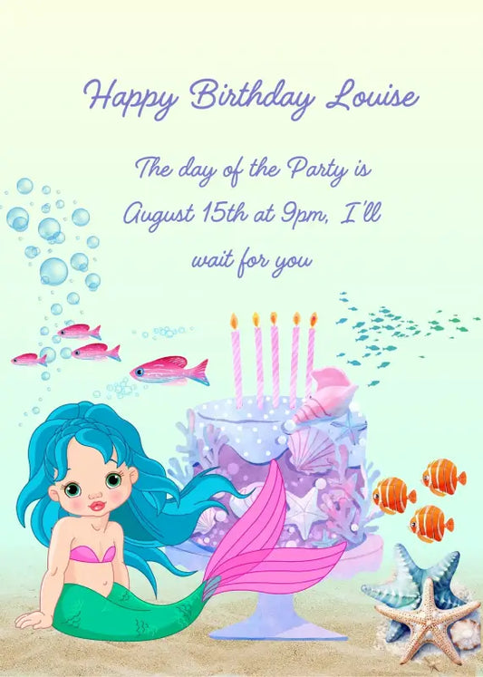 Little mermaid with blue hair celebrating her birthday, with cake and candles at the bottom of the sea. Printable birthday card for girls 6-13.