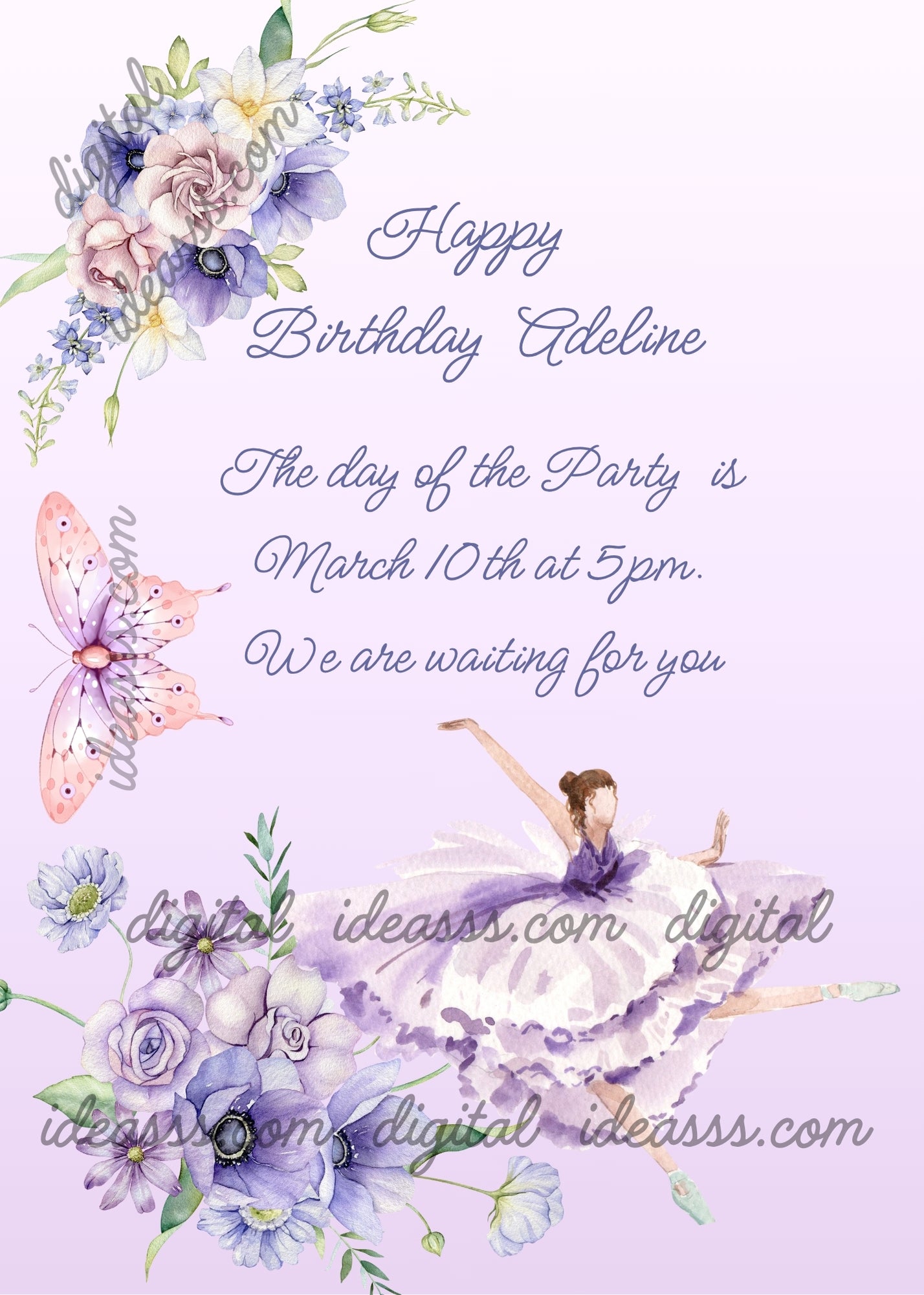 Floral decoration with butterfly, and classical ballerina. Printable birthday card for girls 10-14. 