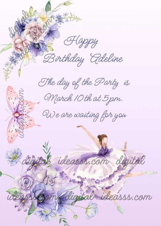 Floral decoration with butterfly, and classical ballerina. Printable birthday card for girls 10-14. 