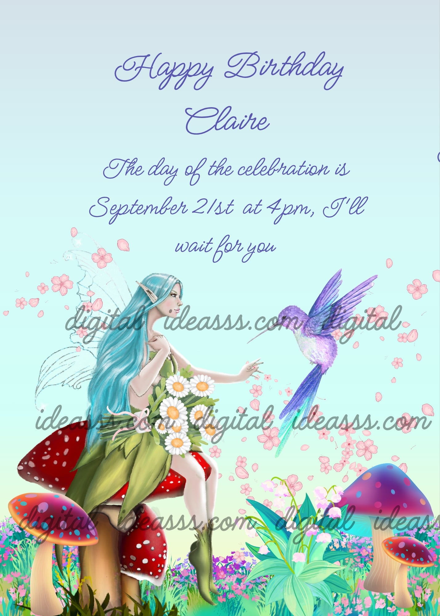 Blue-haired fairy with a bouquet of daisies sitting on a mushroom. A Shima Enaga  bird and peach blossoms in the air. Printable birthday card for girls 10-14.