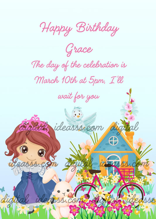 A little princess shows her little blue house decorated with flowers. In the garden, her bicycle and her bunny friend. Printable birthday card for girls 1-9.