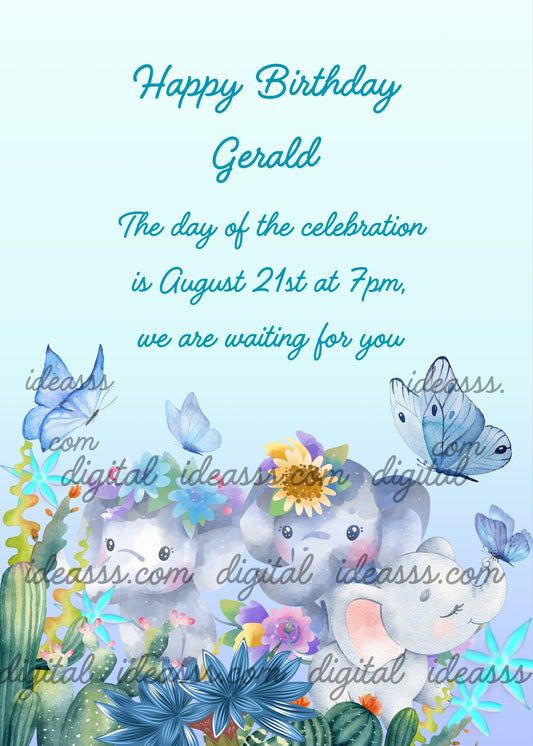 A jungle of fantasy, where everything is blue in various shades; flowers, plants, and animals. Printable birthday card for kids 1-12.  