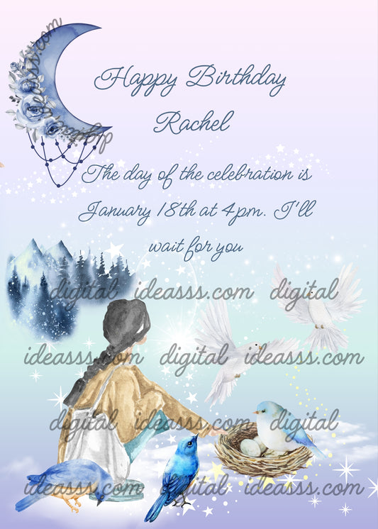 Snowy mountain landscape. Girl with blue birds, and doves. Moon with flowers in the sky. Printable birthday card for girls 10-14.
