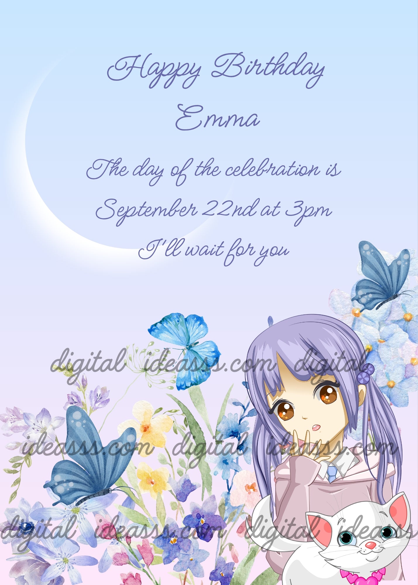 Little girl with blue hair, in a flower garden with butterflies, kitten and moon. Printable birthday card for girls 9-14. 