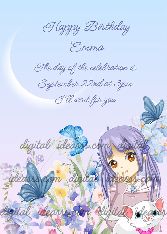 Little girl with blue hair, in a flower garden with butterflies, kitten and moon. Printable birthday card for girls 9-14. 