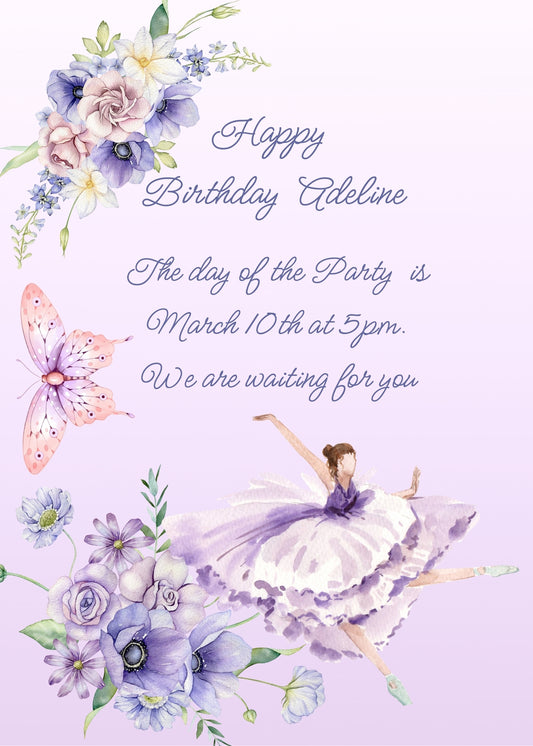 Left side with frame of flowers and butterfly; bottom light purple ballerina. Printable birthday card for girls 10-14.