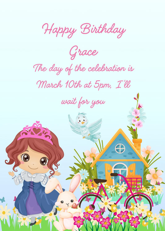 A little princess shows her little blue house decorated with flowers. In the garden, her bicycle and her bunny friend. Printable birthday card for girls 1-9.