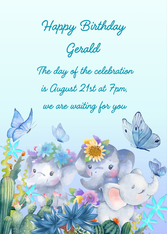 A jungle of fantasy, where everything is blue in various shades; flowers, plants, and animals. Printable birthday card for kids 1-12.