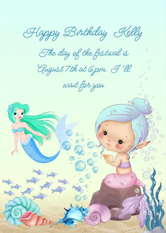 Two blue haired mermaids. One sits on a rock on the seabed with shells, the other swims. Printable birthday card for girls
 6-12.