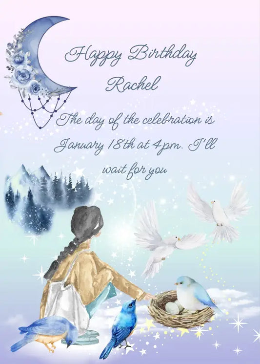 Snowy mountain landscape. Girl with blue birds, and doves. Moon with flowers in the sky. Printable birthday card for girls 10-14.