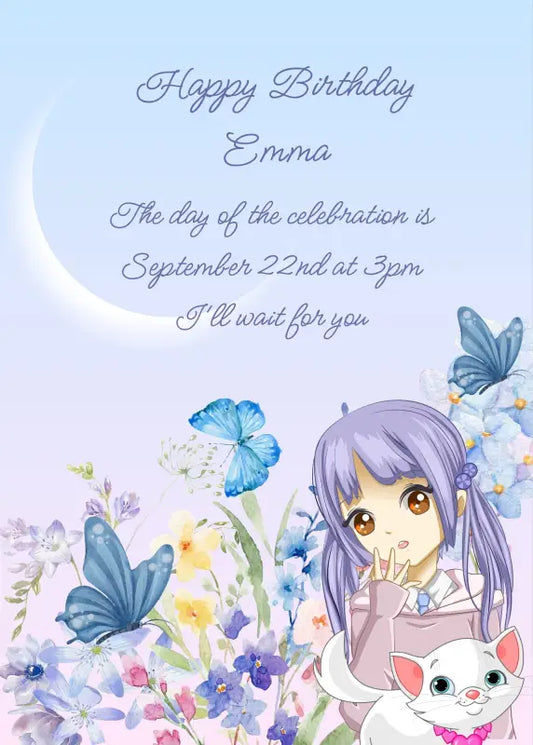 Litte girl with blue hair, in a flower garden with butterflies, kitten and moon. Printable birthday card for girls 9-14.