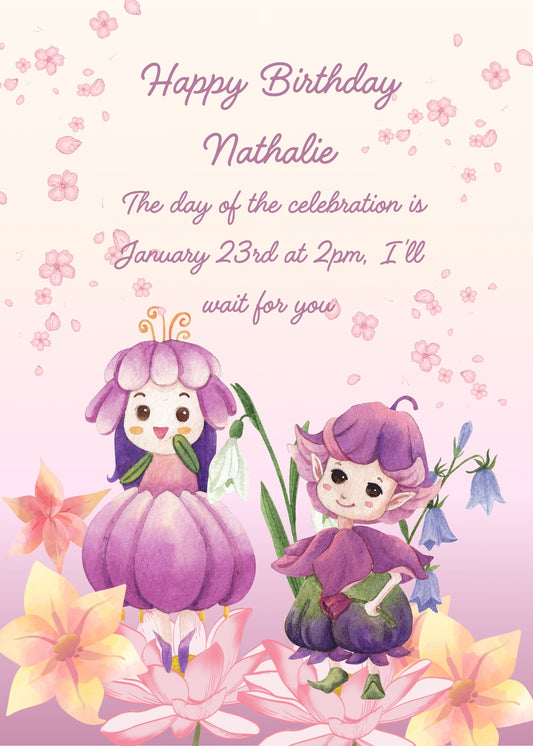Two cute Bluebells with eyes, nose and mouth, balancing on other flowers. Dominant color is lilac. Printable birthday card for kids 5-12.