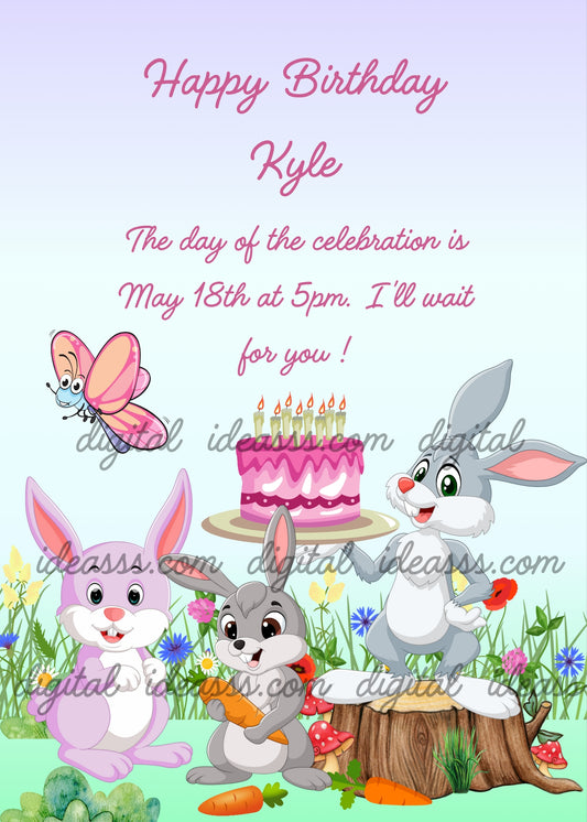 Cute bunnies celebratig in the garden, with cake and carrots. Printable birthday card for kids 1-9.