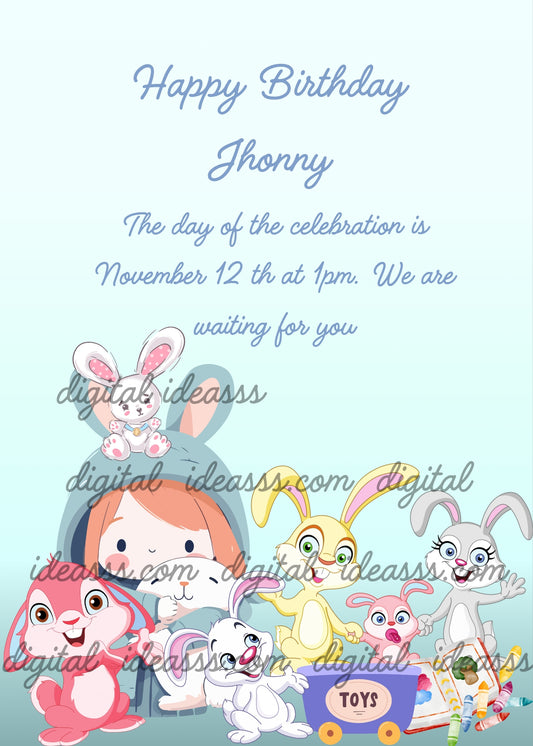 A little girls has a hood with bunny ears. Around her are funny colored bunnies. Printable birthday card for kids 1-9. 