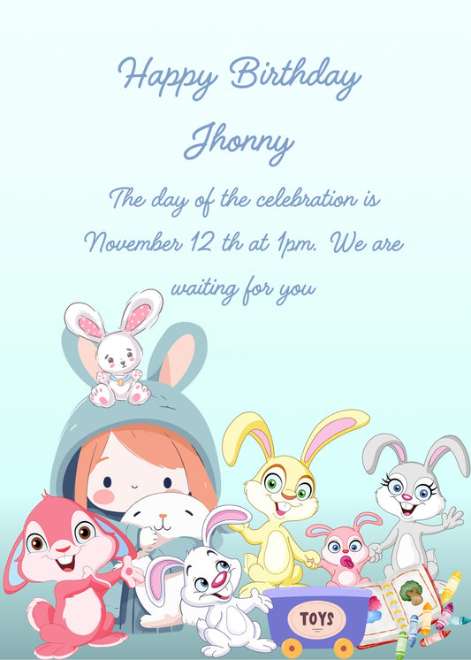 A little girls has a hood with bunny ears. Around her are funny colored bunnies. Printable birthday card for kids 1-9.