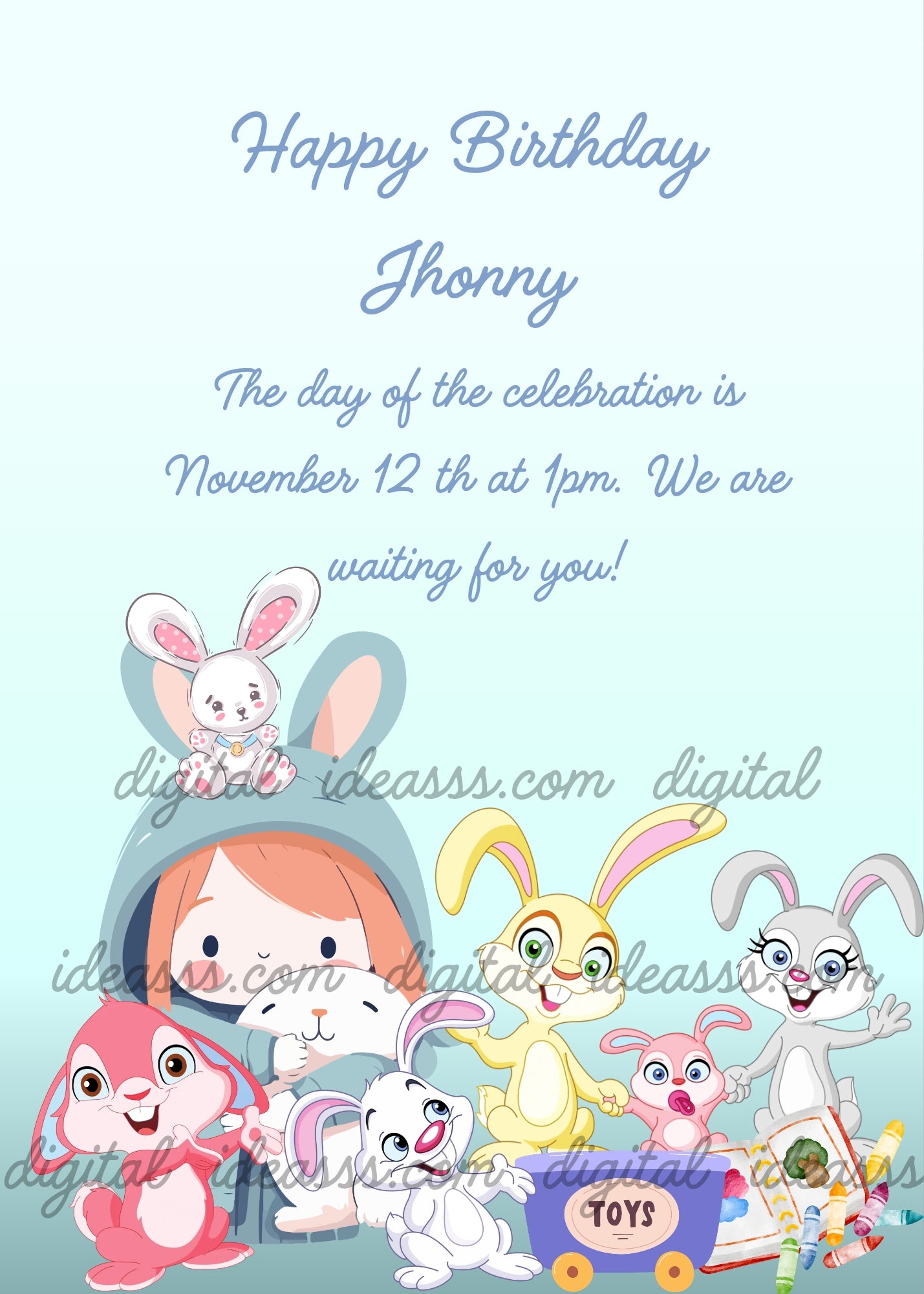A little girl in a bunny costume surrounded by six colorful cartoon bunnies and a toy cart. Printable birthday card for children 
1-9. 