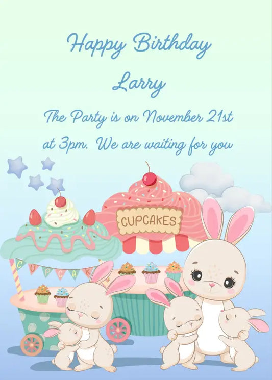 Mother bunnies bring their babies to the cupcake stand. Printable birthday card for kids 1-7.