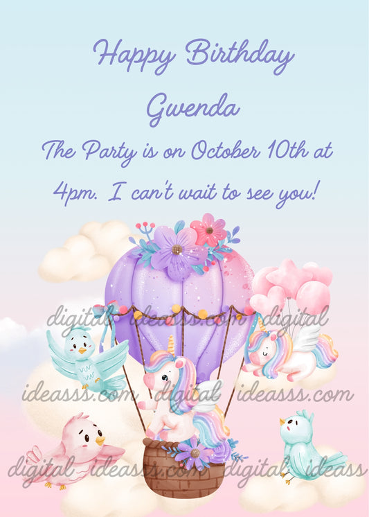 Winged unicorn with a pastel rainbow mane riding in a flower-decorated pink and lilac hot air balloon, beside another winged unicorn with pink balloons and three pastel birds among soft clouds - printable birthday card for children aged 1 to 8