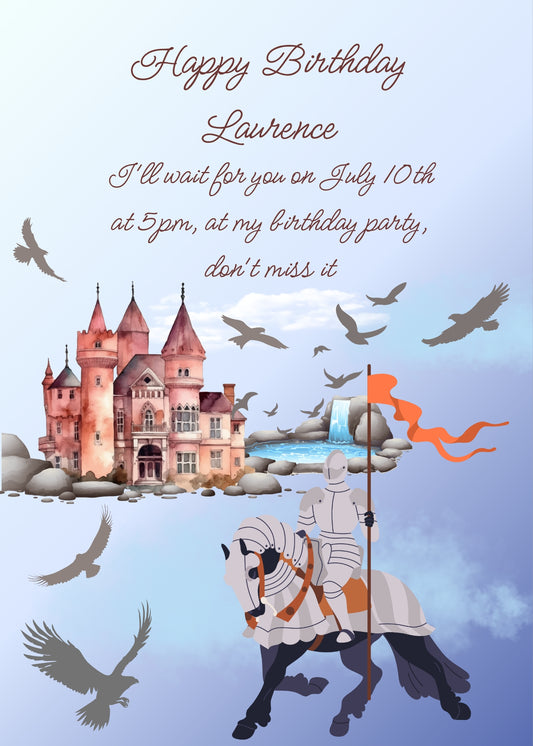 In the foreground a knight on horseback, in the background a castle and falcons in flight. Printable birthday card for boys 
9-14.