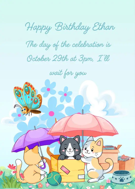 Cute kittens playing in a meadow with boxex and umbrellas, while a butterfly watches them. Printable birthday card for kids 1-6.