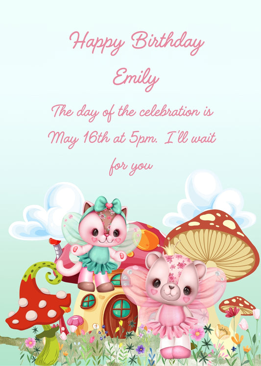 Kitten fairies fly over a flowery meadow, near their mushroom-shaped houses. Printable birthday card for kids 1-8.