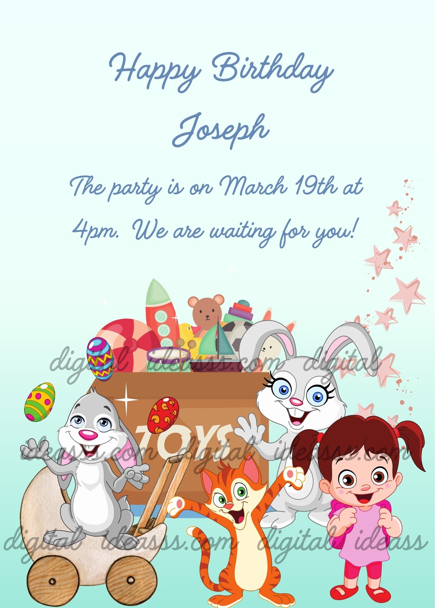 These toys are all animated by joy, a little girls laughs with them. In the background a box full of games. Printable birthday card for kids 5-12.