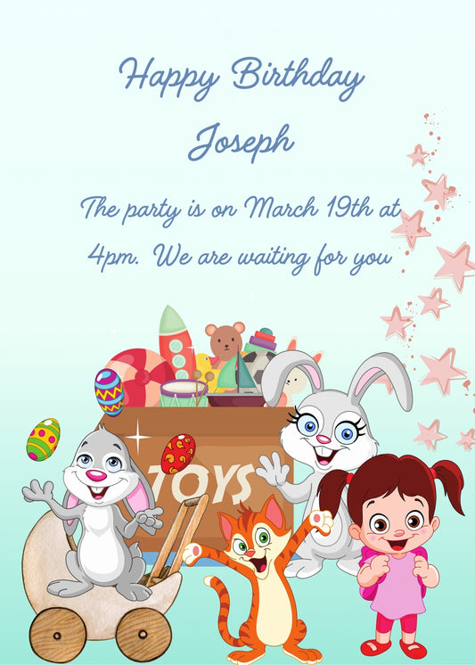These toys are all animated by joy, a little girls laughs with them. In the background a box full of games. Printable birthday card for kids 5-12.