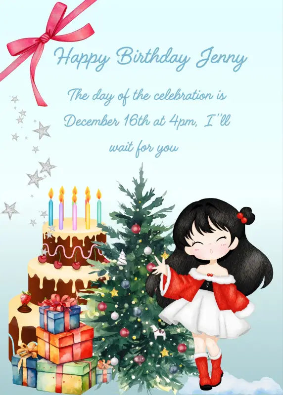 Cute little girl in red Christmas dress, with gift packages, Christmas tree and chocolate cake, next to her. In the corner of the file, a red bow. Printable Christmas birthday card for girls 6-14.