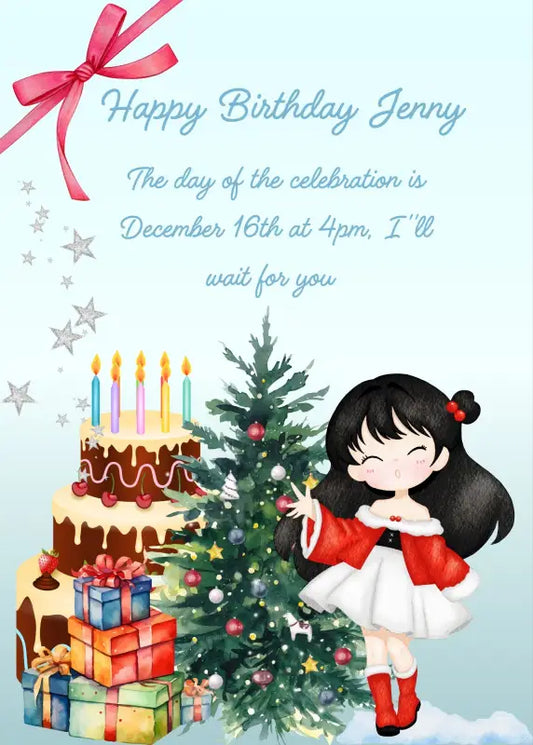 Cute little girl in red Christmas dress, with gift packages, Christmas tree and chocolate cake, next to her. In the corner of the file, a red bow. Printable Christmas birthday card for girls 6-14.