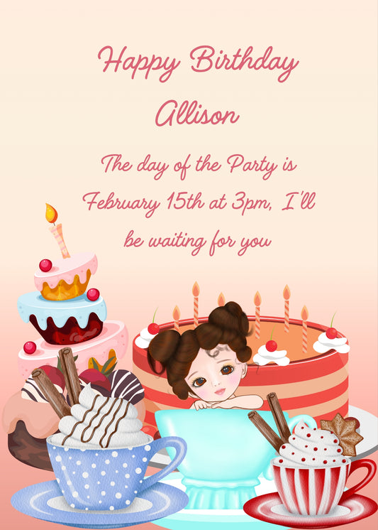 Cute little girl inside a cup, among cakes and other special sweets. Printable birthday card for girls 6-14.