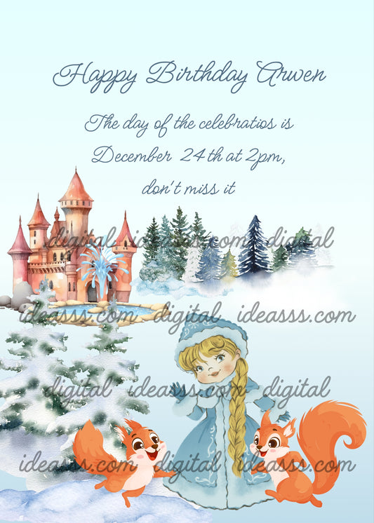 Snowy landscape with forest and castle. A princess waves, with her two cute squirrels. Printable birthday & Christmas card for girls 6-14.