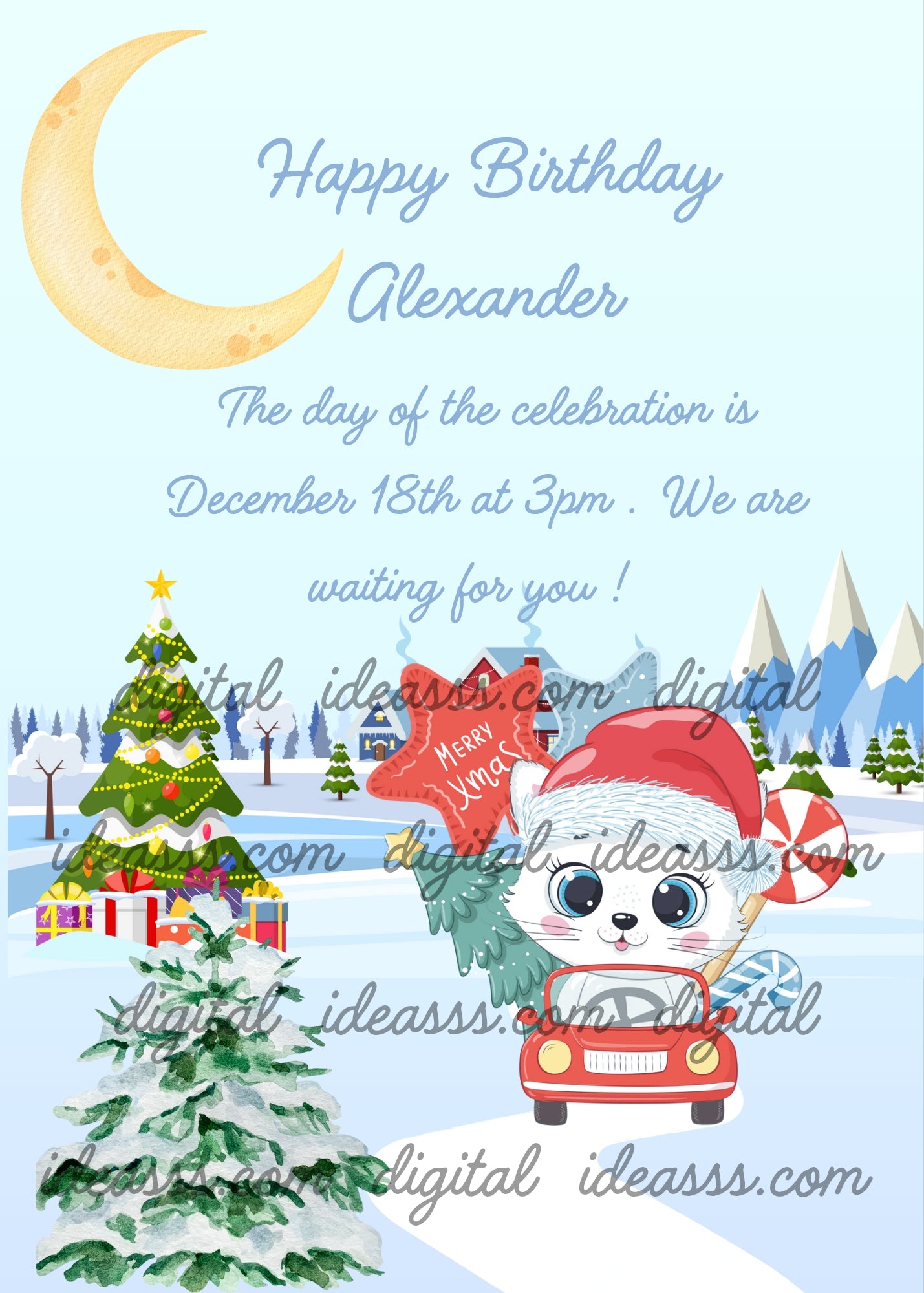 Snowy landscape with kitten Trilly, driving her car for Christmas shopping.  Printable birthday Christmas card for kids 1-9. 