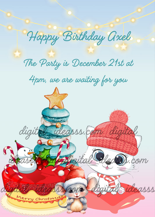 The little cat Trilly with a hat, sitting on a cushion; next to her a cake, a Christmas tree made with biscuits, and a cute little mouse. Printable birthday Christmas card for kids 1-10. 