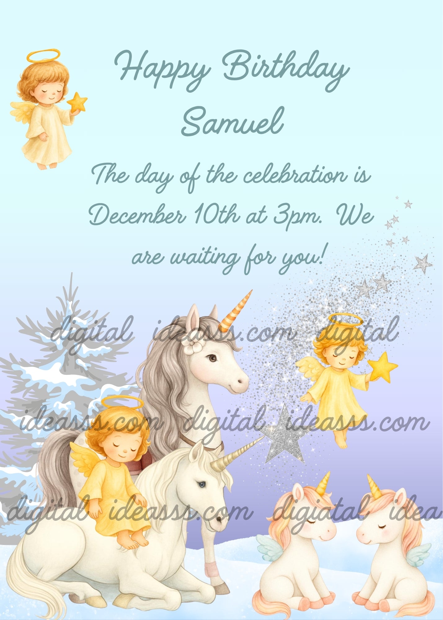 White unicorns and little angels with a shooting star in a snowy winter scene. Printable Christmas birthday card for children 1–9.
