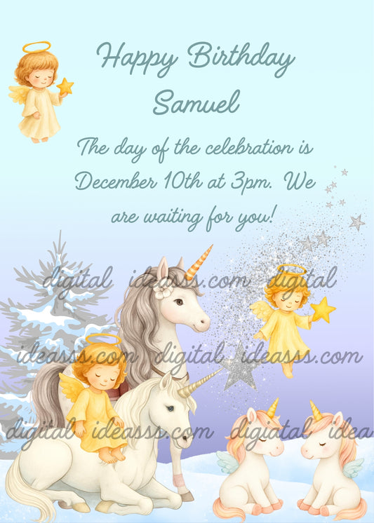White unicorns and little angels with a shooting star in a snowy winter scene. Printable Christmas birthday card for children 1–9.